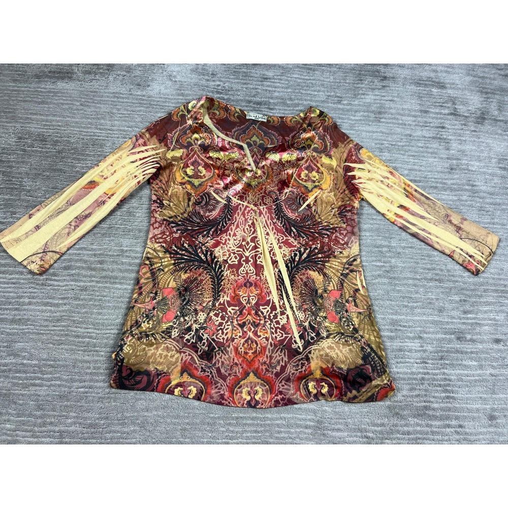Live and Let Live Tunic Top Women PL Multicolor Paisley Beaded V-Neck 3/4 Sleeve